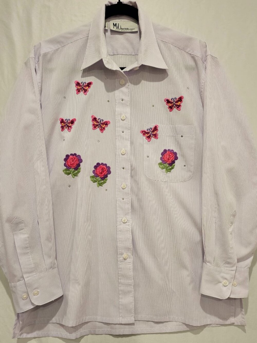 Vintage Mili Designs Women's Embroidered Shirt Purple Striped Butterfly Flower M